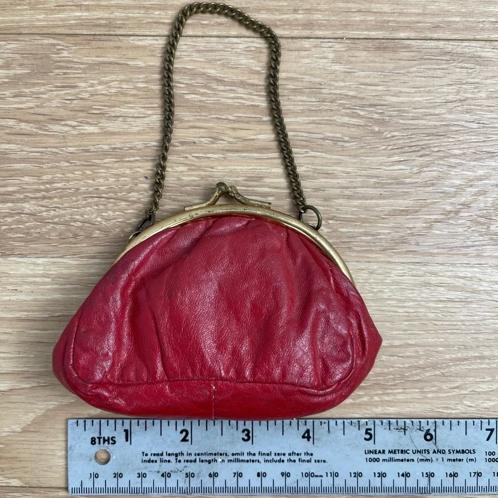 Vintage Red Leather Kiss Lock Purse Gingham Lining with Mini Coin Pouch Chain